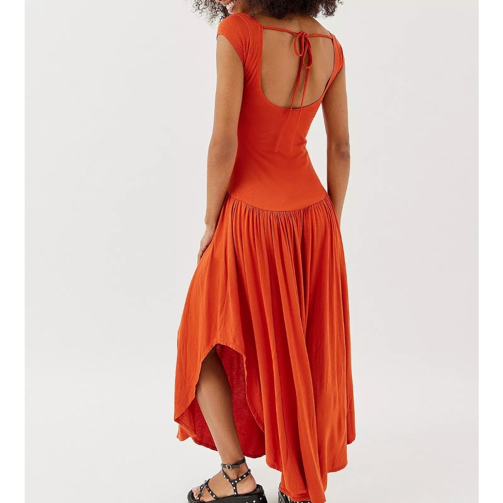 UO Poem Dropped Waist Maxi Dress in Orange Size Medium
